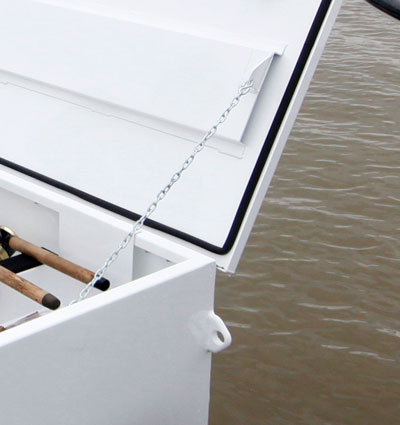 Highway Products boat dock box with chains to hold door open.
