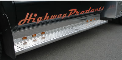 Highway Products can build running boards for your truck. Running boards shown have marker lights that show oncoming traffic you are there. They also allow you to see the steps better at night. See more at highwayproducts.com