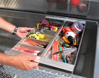 Aluminum trays for Highway Products pickup truck storage toolboxes come standard with aliminum trays with dividers. Plus they lift out so you can carry them to the job or clear the way so you can get to your cargo.