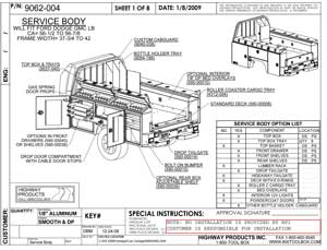 Service Body drawings by Highway Products, Inc. built from aluminum.