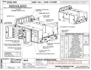 Service Body drawings by Highway Products, Inc. built from aluminum.